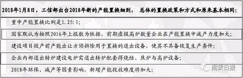 按照置换细则，2018年仍有置换的高炉，高炉减量会刺激价格上涨，同时压制废钢价格上涨；另环保有望升级，也会影响高炉供应提振钢价，压缩炉料需求，所以高炉置换或环保政策是全年重点关注的政策变量。工信部1月3日提出争取2018年提前完成钢铁去产能的”十三五“的上限目标，所以政策是黑色的重要变量。